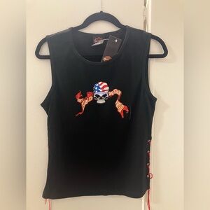 NWT Harley Davidson Women Black 1903 Skull Lace Sides Tank Top Sz L Y2K Vintage